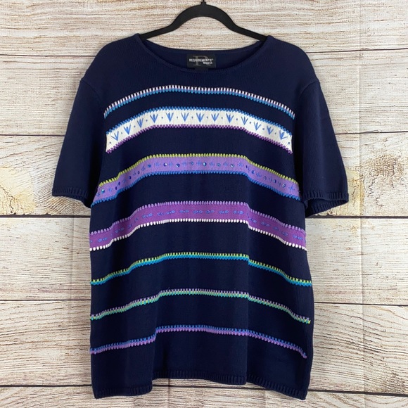 Vintage Requirements Woman Navy Purple Embroidered Striped Mom Sweater 90s 1X - Picture 1 of 10